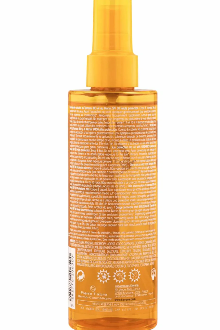 Huile sèche solaire SPF 30 au Monoï et Tamanu bio