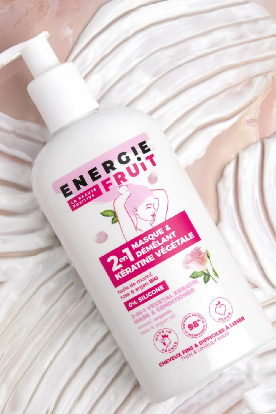 Masque cheveux 2-en 1 au monoï rose et argan bio