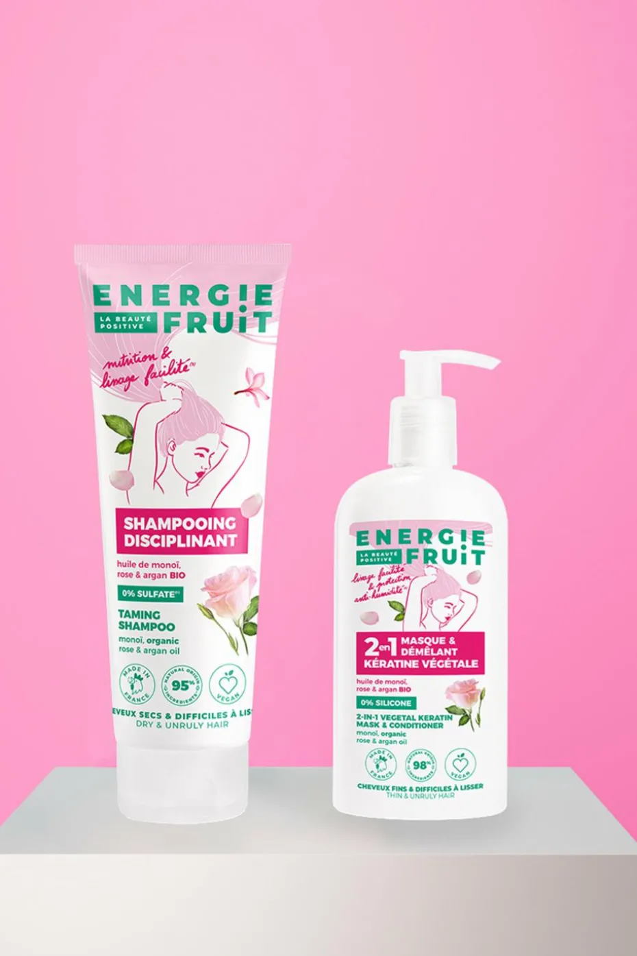 Masque cheveux 2-en 1 au monoï rose et argan bio